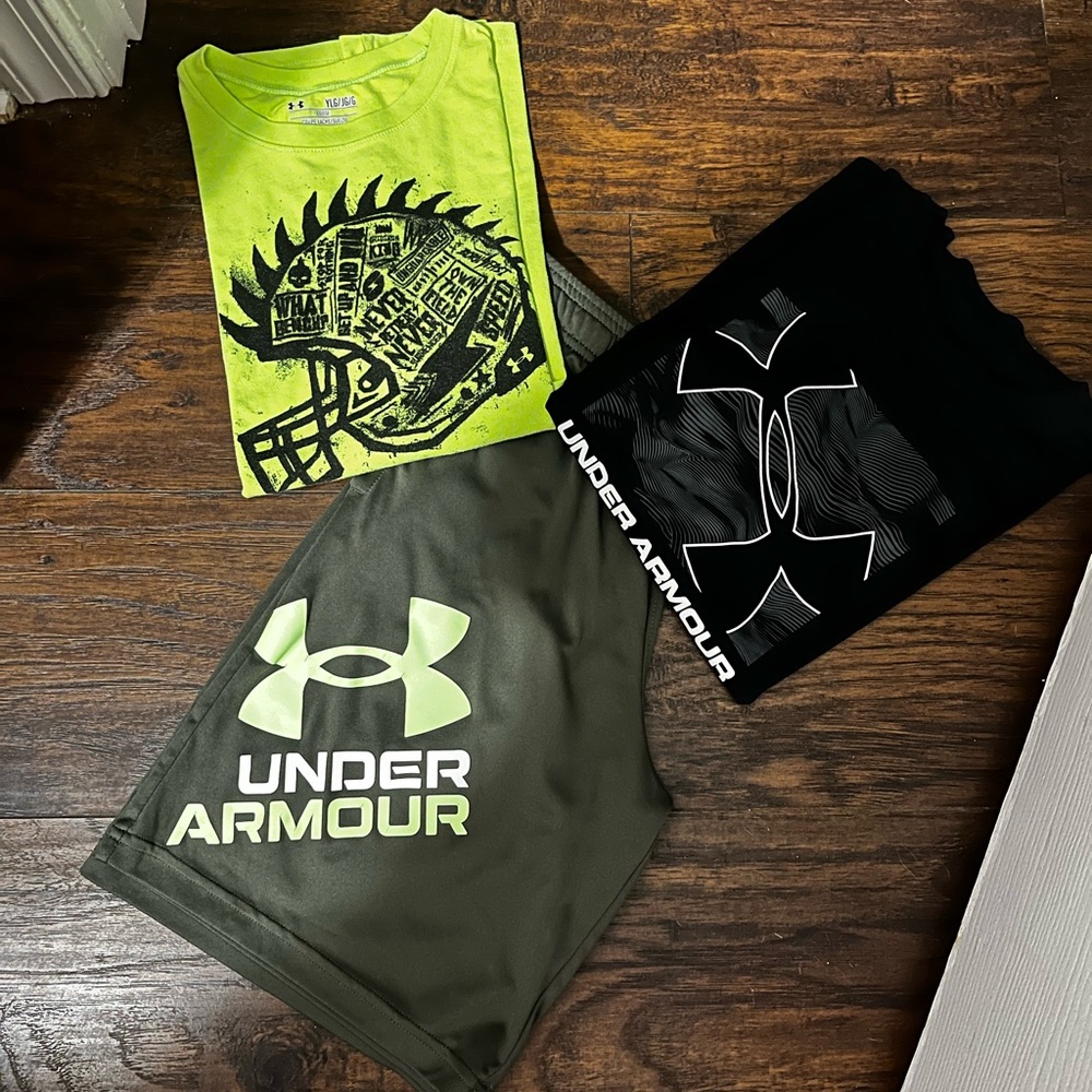 Not under armor shorts 8$ shirts 3$ a piece or all 3 pieces for 14$